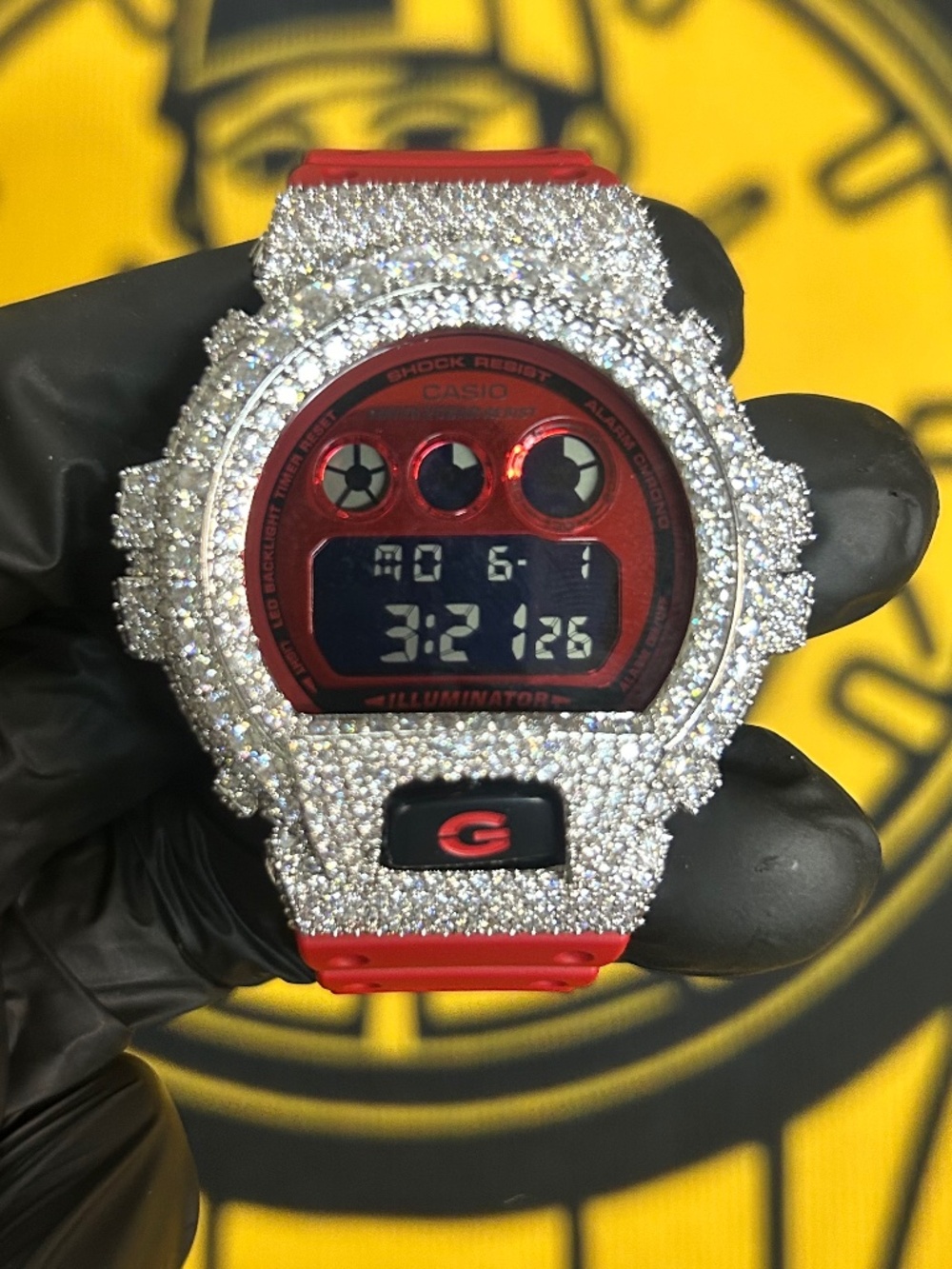Custom Iced Out G-Shock Watch | Red & Silver Crystal | Luxury Statement Watch